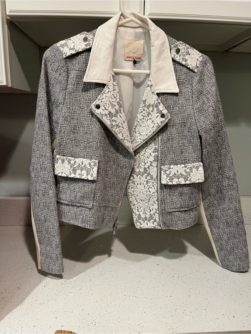 Rebecca Taylor Tweed, Lace & Genuine Leather Moto Jacket, Size M - Picture 12 of 16